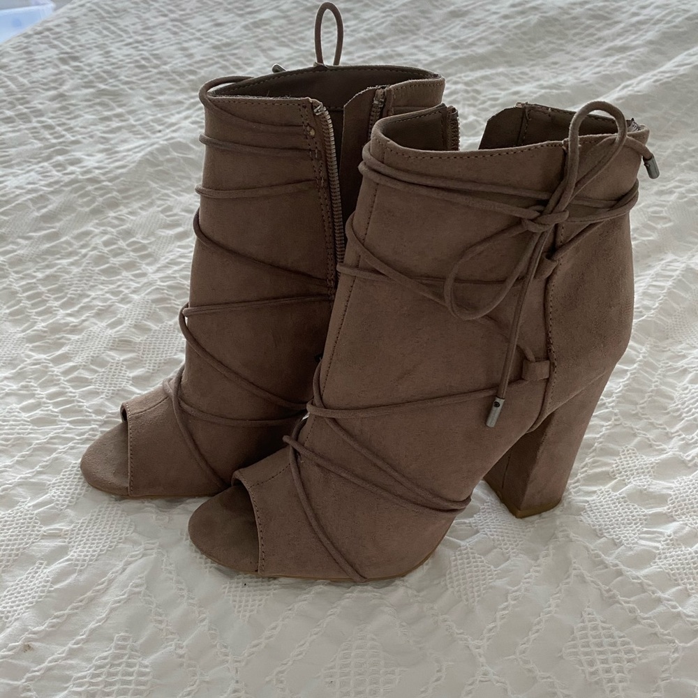 Tan peep toe booties